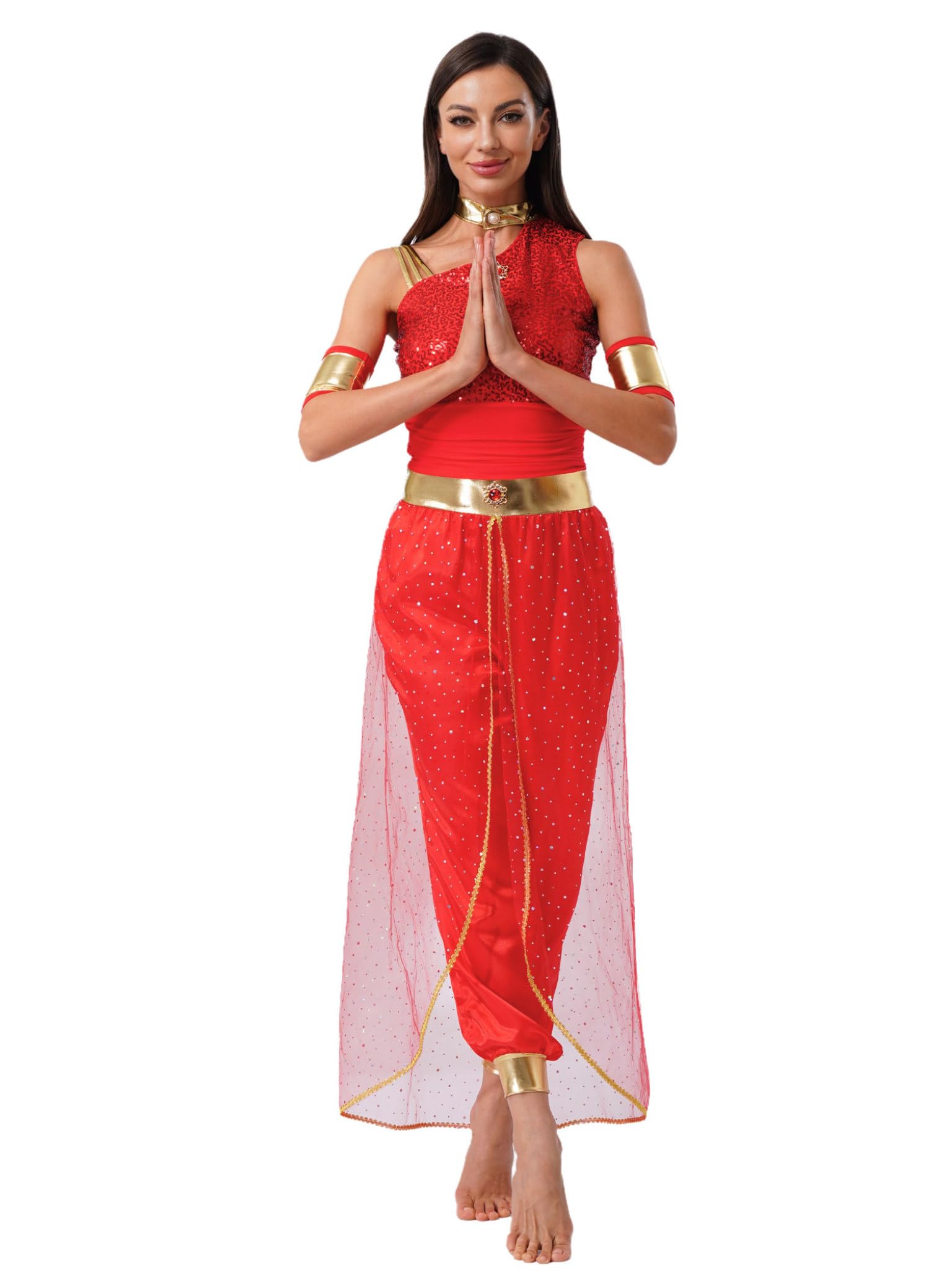 Runhomal Women's Arabian Princess Costume India Fancy Dress Performance Belly Dance Outfits XA Red XXL