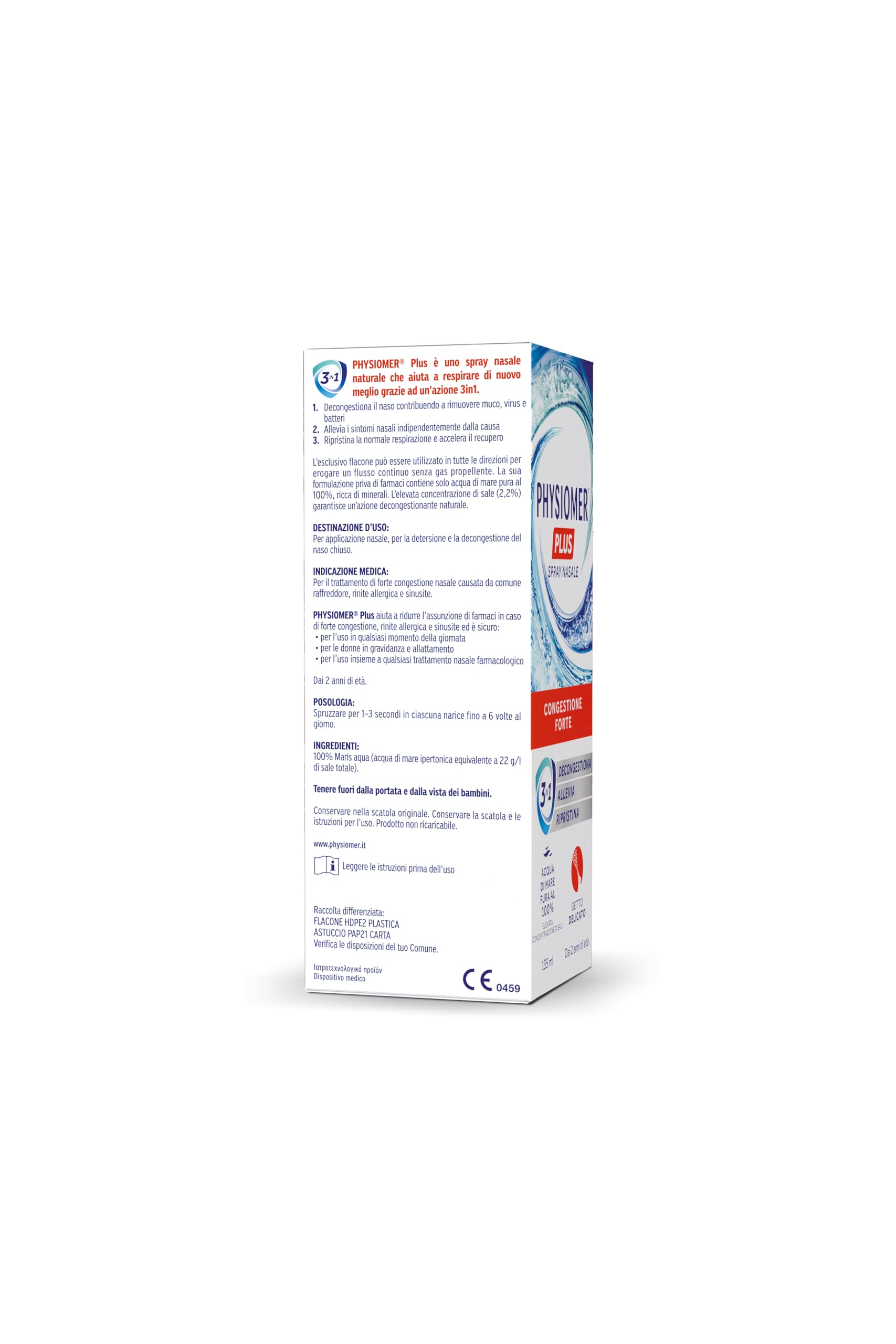 Physiomer Plus Spray Nasale 135 ml - Congestione Forte - 3in1 Decongestiona Allevia Ripristina - Acqua di mare pura al 100% Elevata concentrazione di Sali