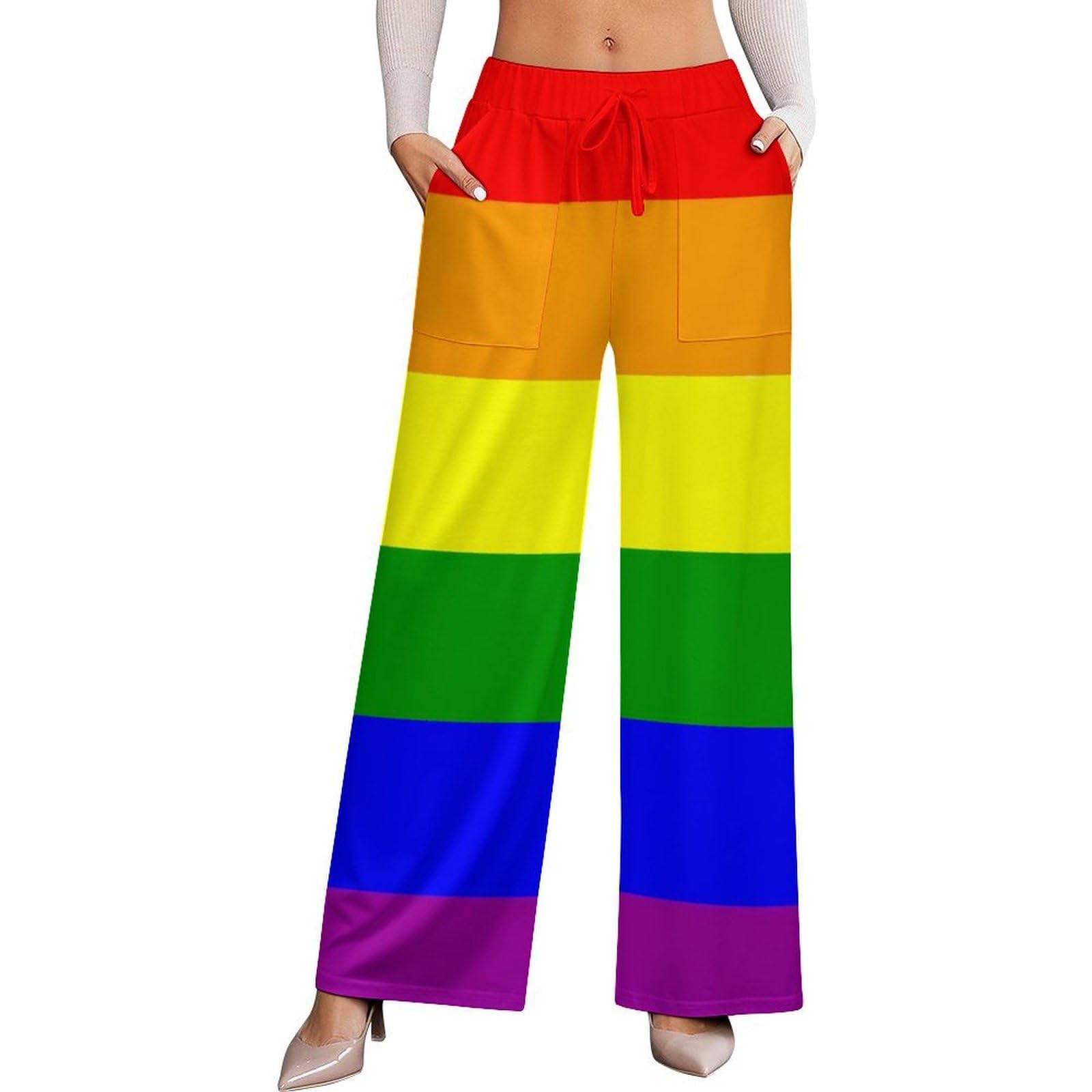 Dyale Rainbow Colored Pattern Stretch High-Waisted Wide-Leg Pants Womens Versatile Casual WearL