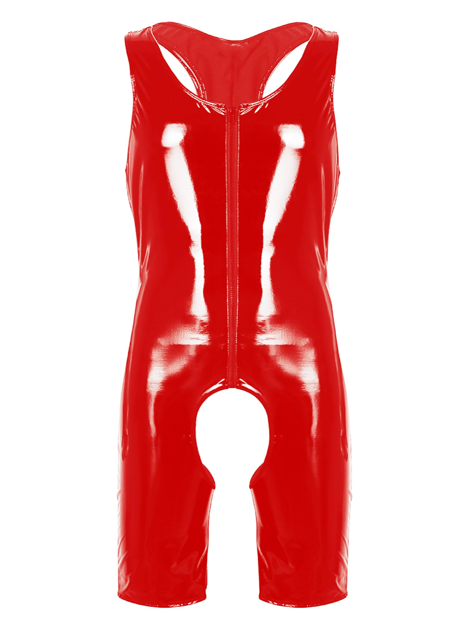 Men's Wet Look PVC Leather Front Zipper Boxer Shorts Leotard Sleeveless Party Club Bodysuit