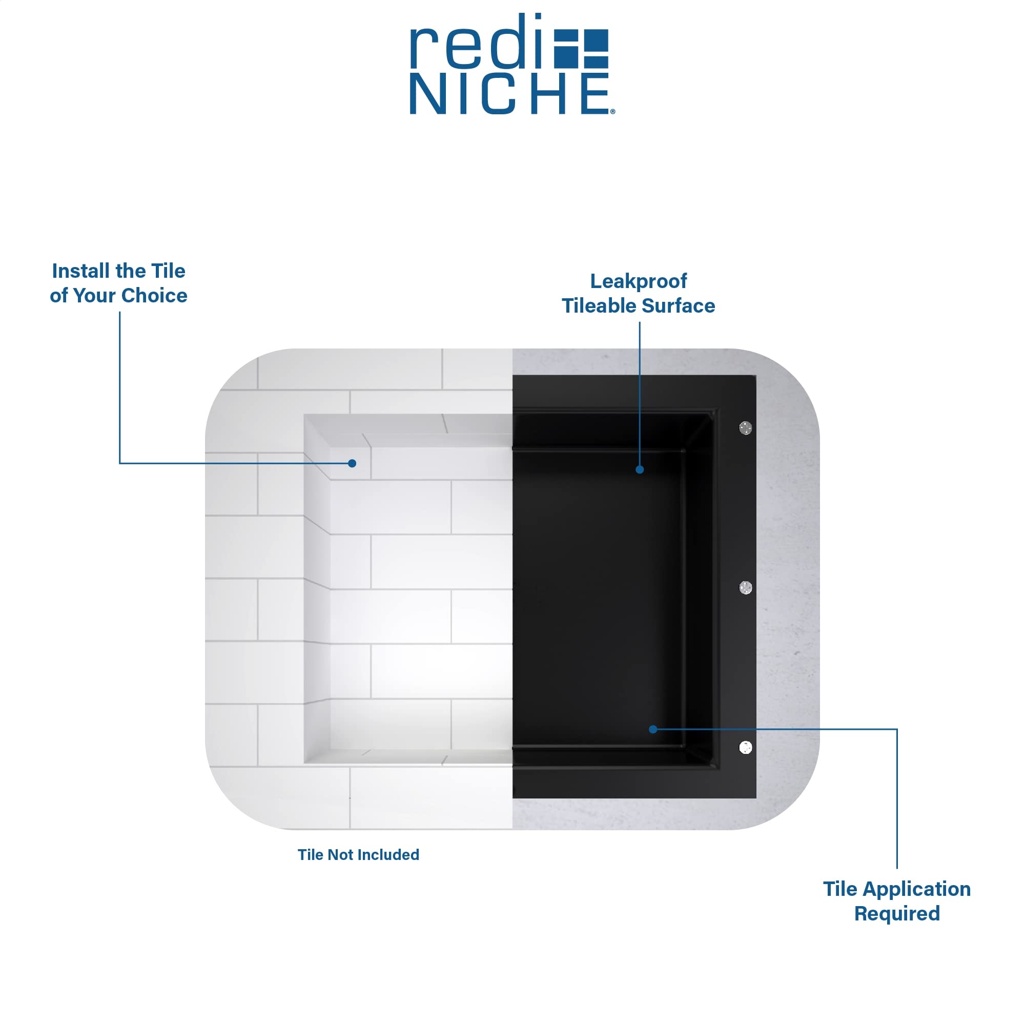 Niche De Douche Encastrable Tile Redi RNT1614S-6-20 - 3 Pièces, 16x40 Pouces, Noir