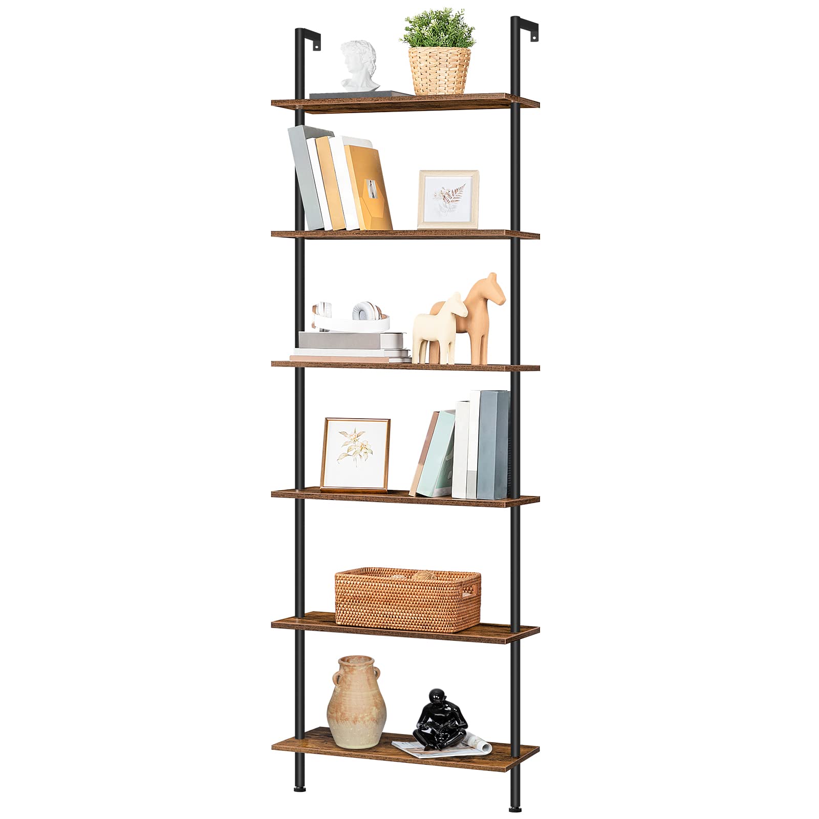 HOOBRO DIY Scaffale a Scala, Libreria 6 Ripiani, Scaffale da Parete in Stile Industriale, Organizzatore da Ufficio, per Soggiorno, Ufficio EBF65CJ01