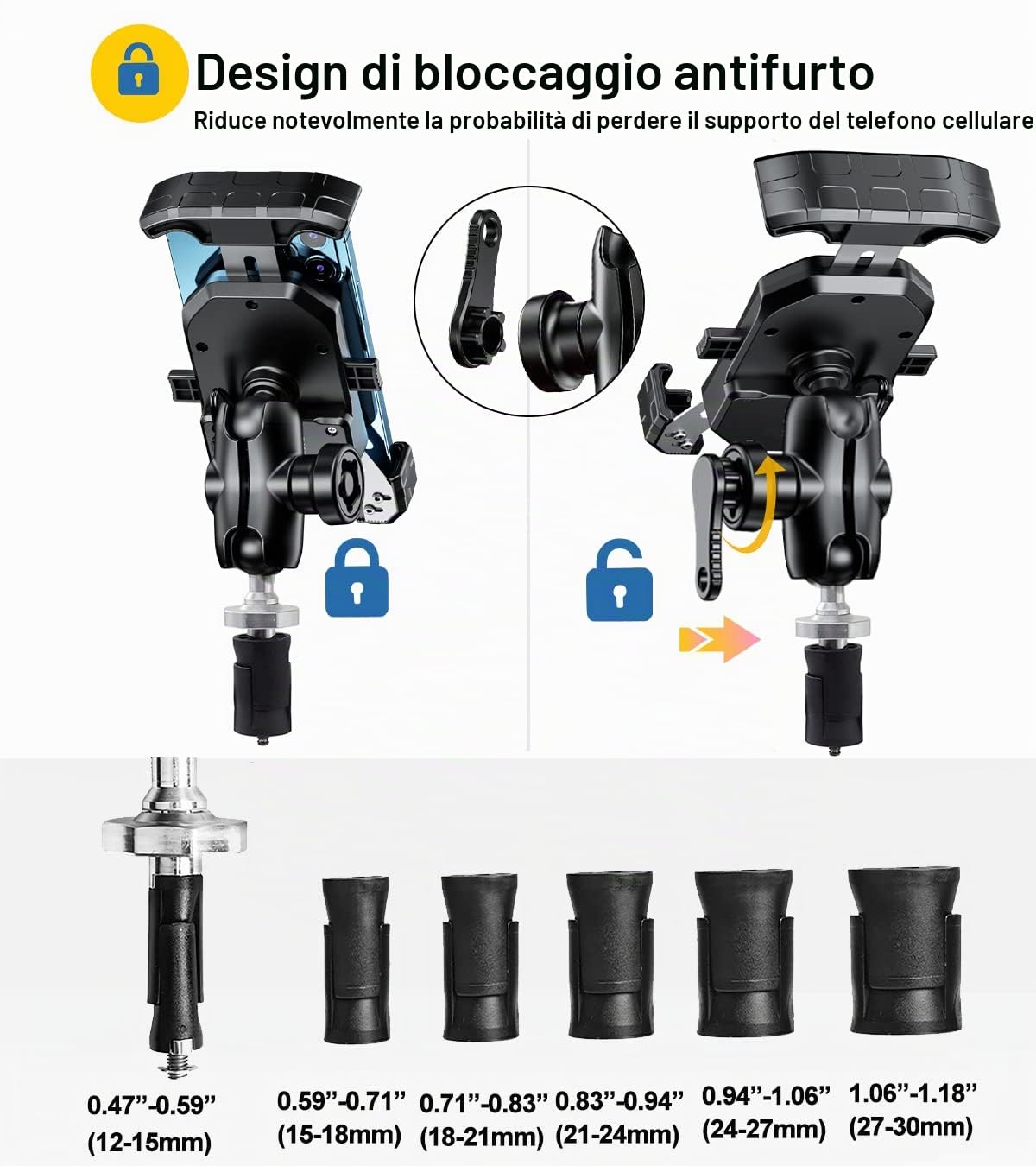 iMESTOU Supporto per Telefono a Forcella per Moto, Antifurto da 2,5 cm/1" con Braccio a Doppia Presa, Adatto a Componenti di Dimensioni RAM B Rotazione di 720° per Cellulari da 4,0"-7,0"