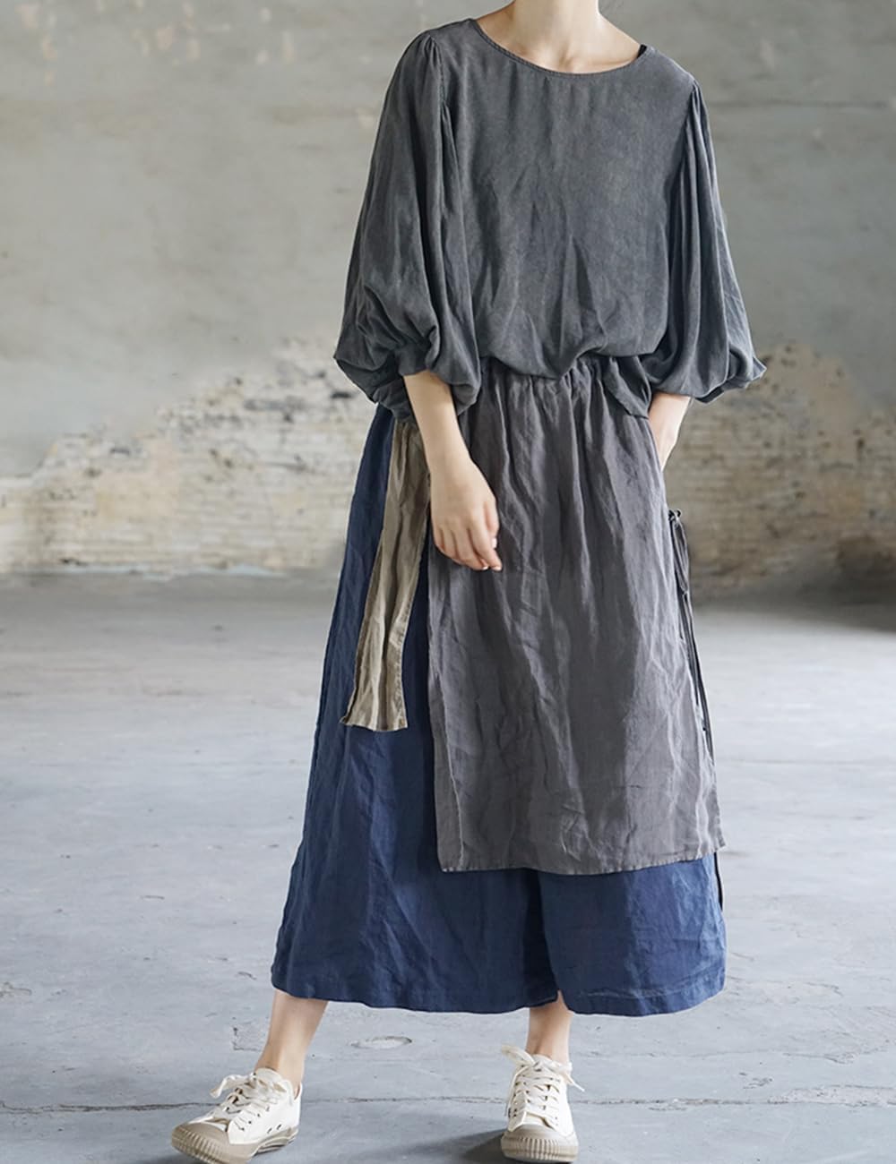 Ystylee Women Wide Leg Linen Pants Irregular Apron Layered Elastc Waist Patchwork Cropped Trousers
