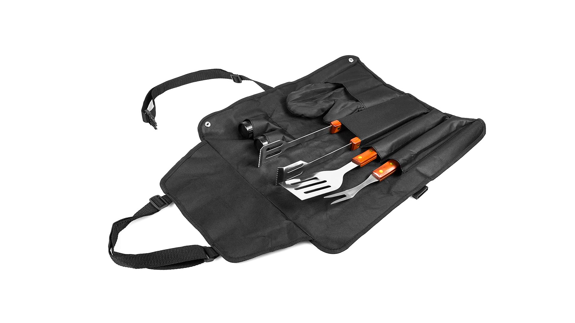 Set Barbacoa con Utensilios, Delantal y Manoplas, Regalos Original para Hombres y Mujeres, Pinza, Paleta y Tenedor en Acero INOX y Madera Ideal para los amnates de Las barbacoas y parrilladas.