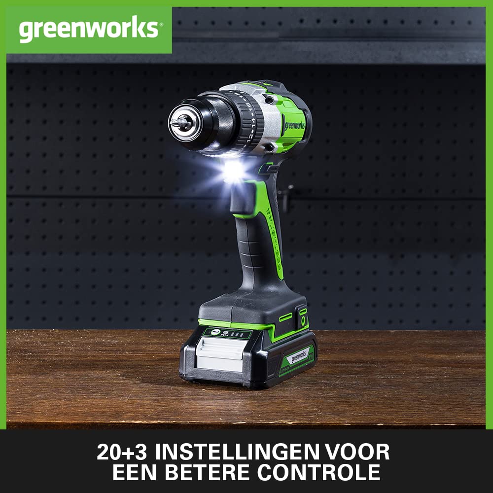 Greenworks GD24DD60K2 Accu Schroefmachine met Borstelloze Motor, 0-1750rpm, 2 Versnellingen, 60Nm Koppel, Draagtas, 24V Accu en Oplader, 3 Jaar Garantie