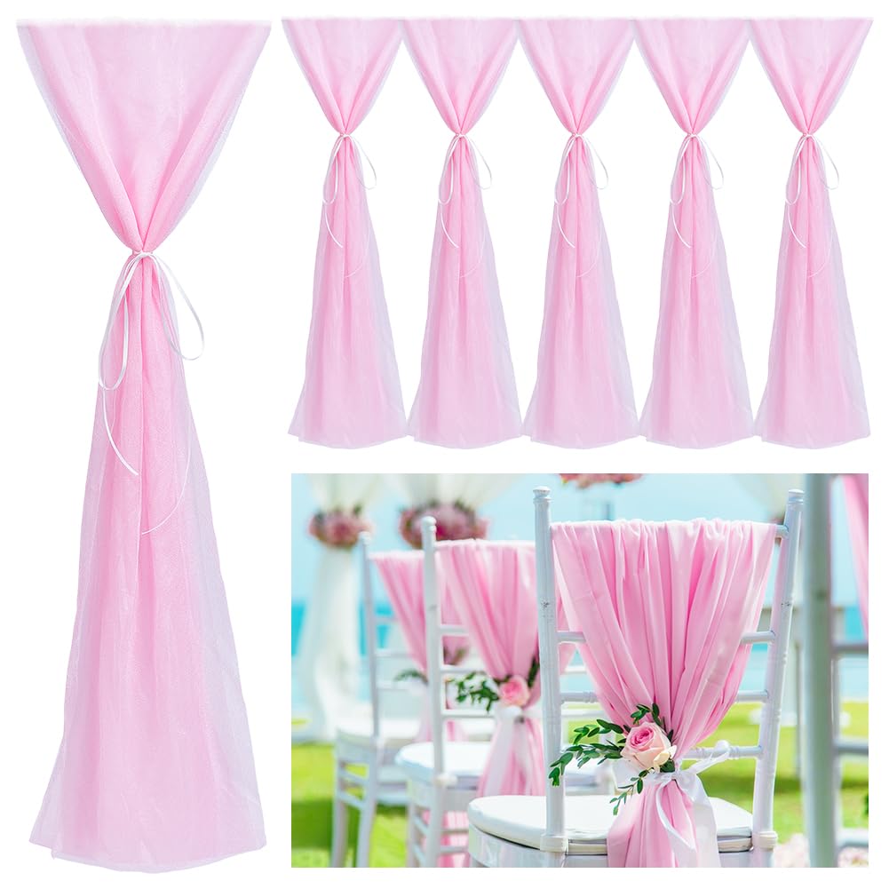UNICRAFTALE 18pcs Cheesecloth Chair Sashes Bows Pink Chair Sashes with Ribbon 175cm Long Aisle Wedding Chairs Back Side Decorations Fabric Sheer Church Tulle Chairs Drapes for Banquet