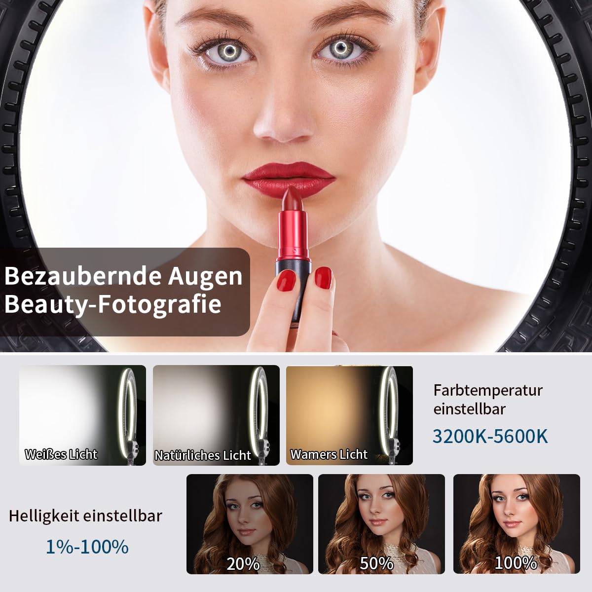 19-Zoll-LED-Ringlichtset, verwendet für Studioporträtfotografie, Selfies, YouTube-Videos, Live-Übertragungen, Augenbrauen-Tattoos, Wimperntransplantation, Tätowierungen, Schönheit, Make-up