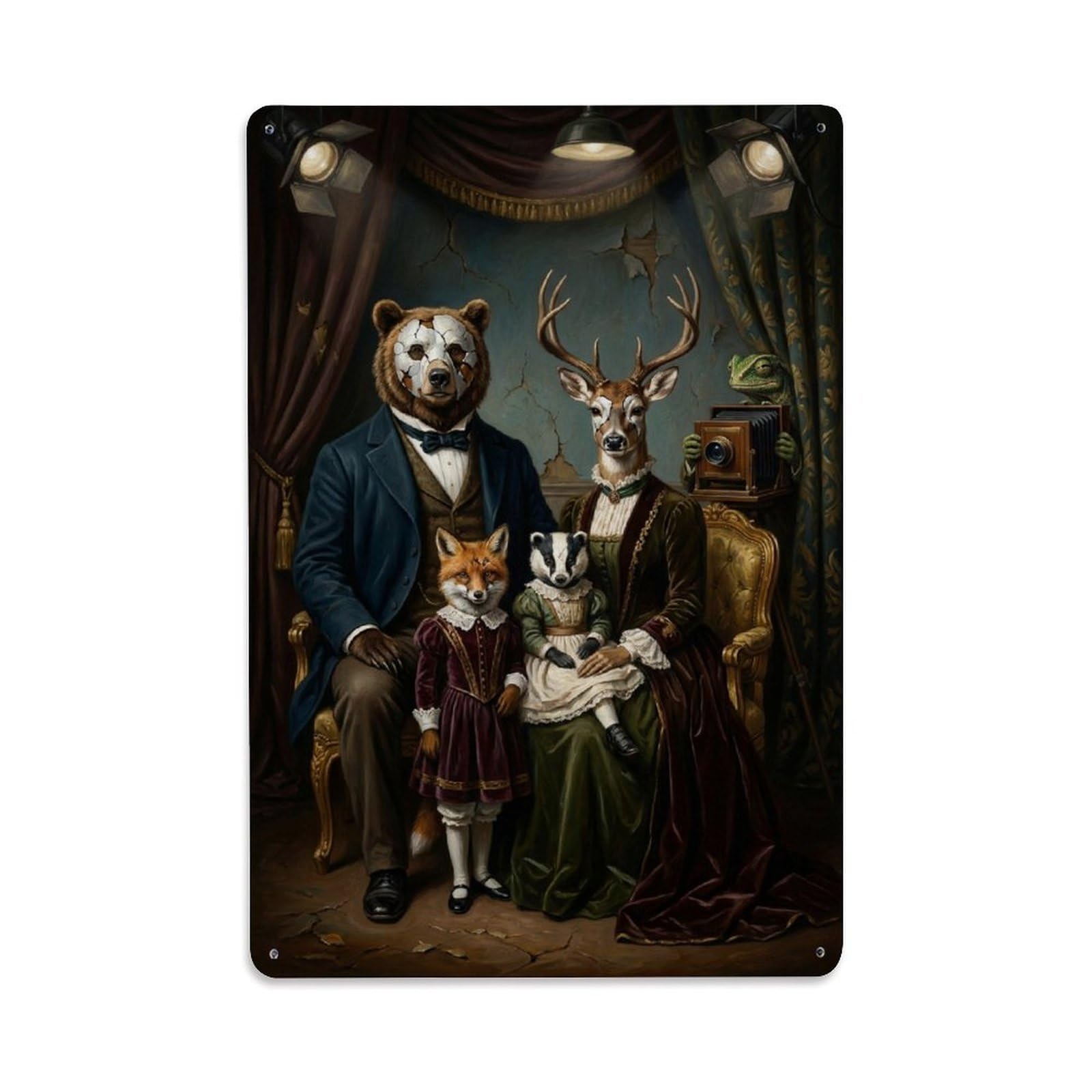 Bear Deer Surreal Vintage Animal Fox Portrait Satire Safari Metal Tin Sign Plaque Wall Decor for Cafe, Man Cave, Club Bar, Office, Home Garden Round Metal Poster 8x12Inch