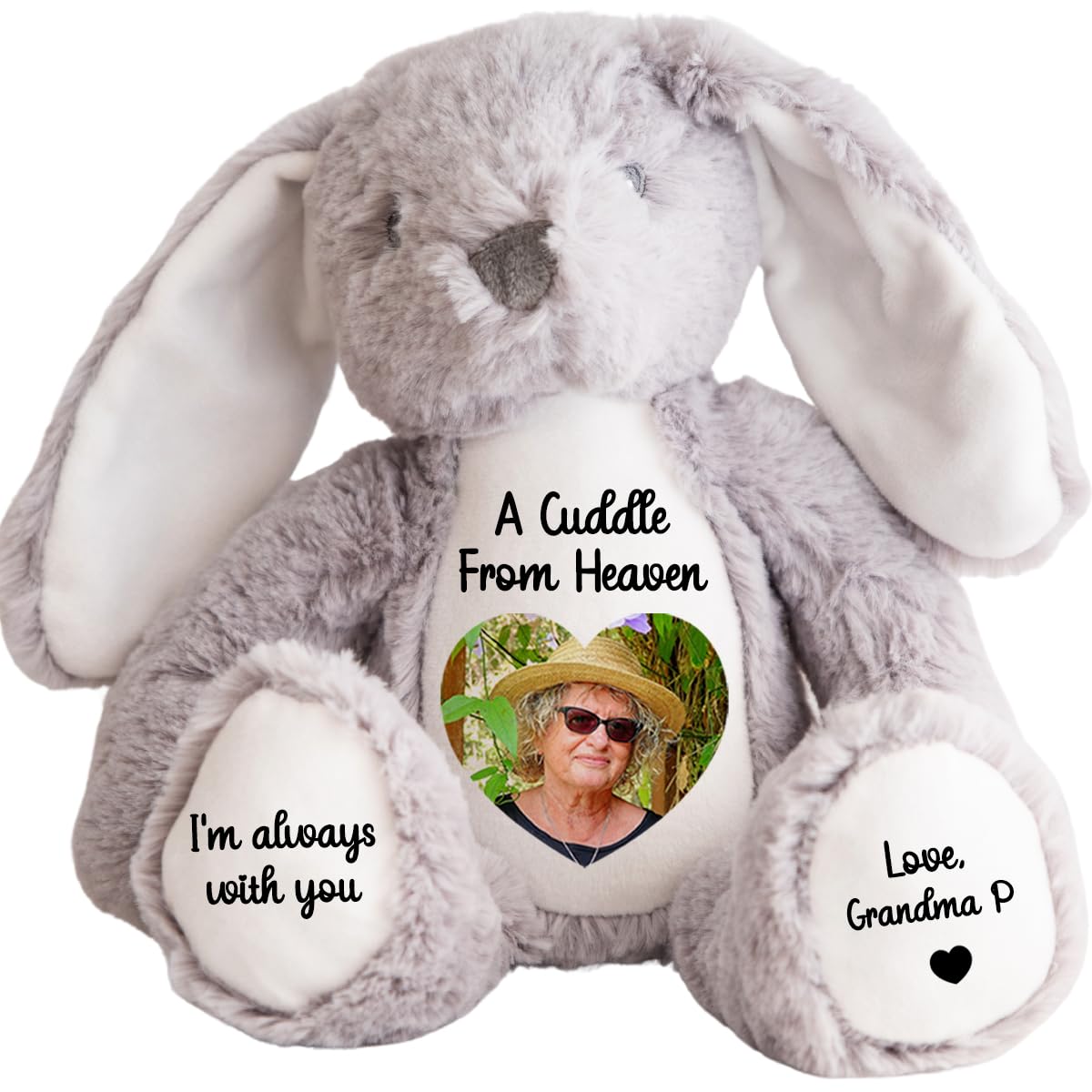 Personalised Memory Teddy Bear with Heart-Shaped Photo – “A Cuddle From Heaven” Keepsake Gift – 28 Bear Styles – Add Your Text & Choose Colour – Custom Memorial Bear (Grey Bunny)