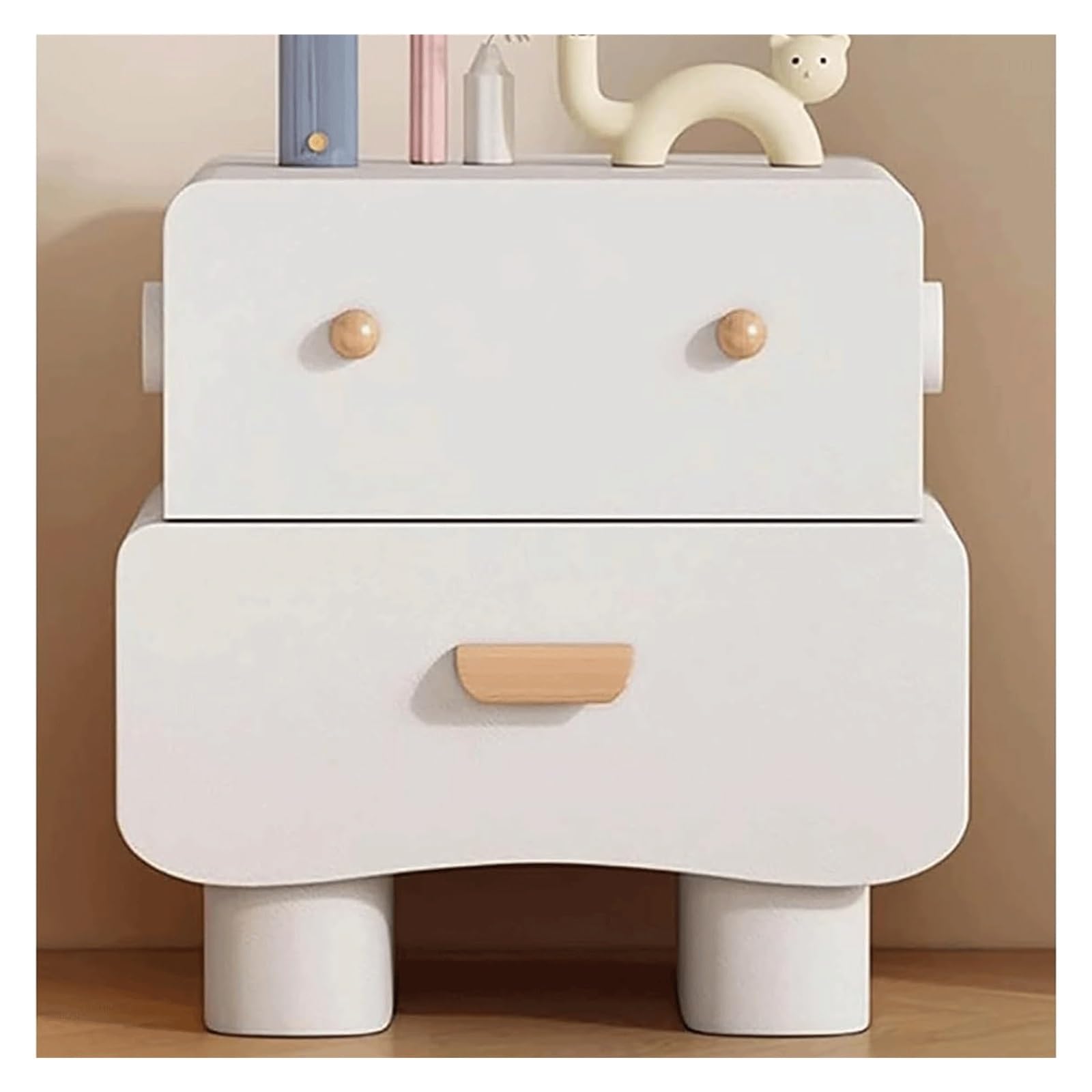SXZenSpace Solid Wood Nightstand Creative Swivel Bedside Table with 2 Wooden Drawers Modern Dress Cute Side Luxury Cabinet(White,35cm)