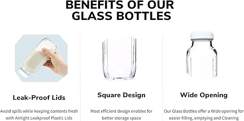 Miniatura 5 de Botella de vidrio hermética cuadrada de 16 onzas con tapas de plástico, contenedor perfecto para almacenamiento de leche materna, botellas de vidrio