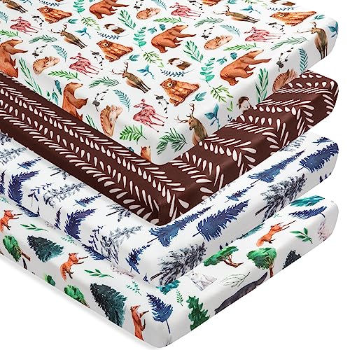Image of 4 Pack N Play Sheets Woodland Forest Animals Wood Neutral Unisex Fitted Baby N Play Sheets Fitted for Standard Pack and Plays and Mini Cribs Set for Baby Boys or Girls