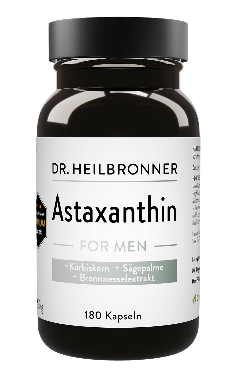 Dr. Heilbronner Astaxanthin FOR MEN Kapseln in der Glasflasche mit Sägepalmenextrakt Brennnesselextrakt und Kürbiskernextrakt I Nahrungsergänzung für Männer I vegan glutenfrei und lactosefrei