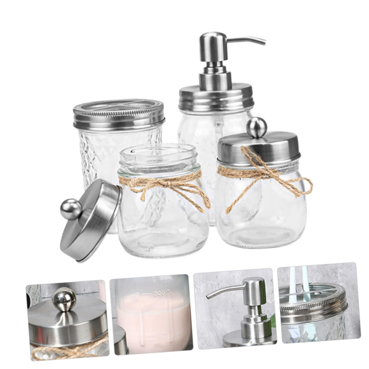 Cabilock Juego De Accesorios Baño Vidrio Vaso para Cepillo De Dientes y Vaso para Hacer Gárgaras, Tapa Plateada, 4 Piezas, Material Duradero, Práctico para Uso Doméstico y Limpieza Diaria