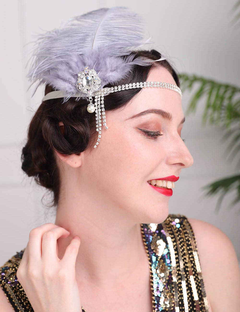 Anglacesmade 1920s Flapper Feather Headband Gray Crystal Head Chain Great Gatsby Headpiece Vintage Roaring 20s Hair Accessories for Women and Girls - Image 3