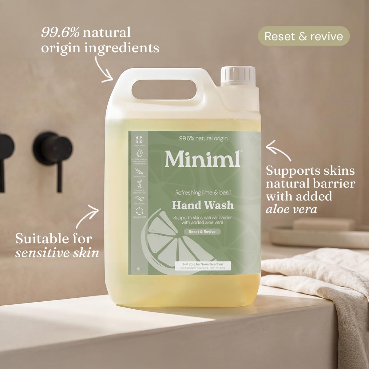 Miniml Hand Soap Wash Liquid 5L Refill - Lime, Basil & Mandarin Infused Hand, Skin & Body Wash Gel for Soft and Sensitive Skin Care - 100% Vegan & Cruelty Free - 3