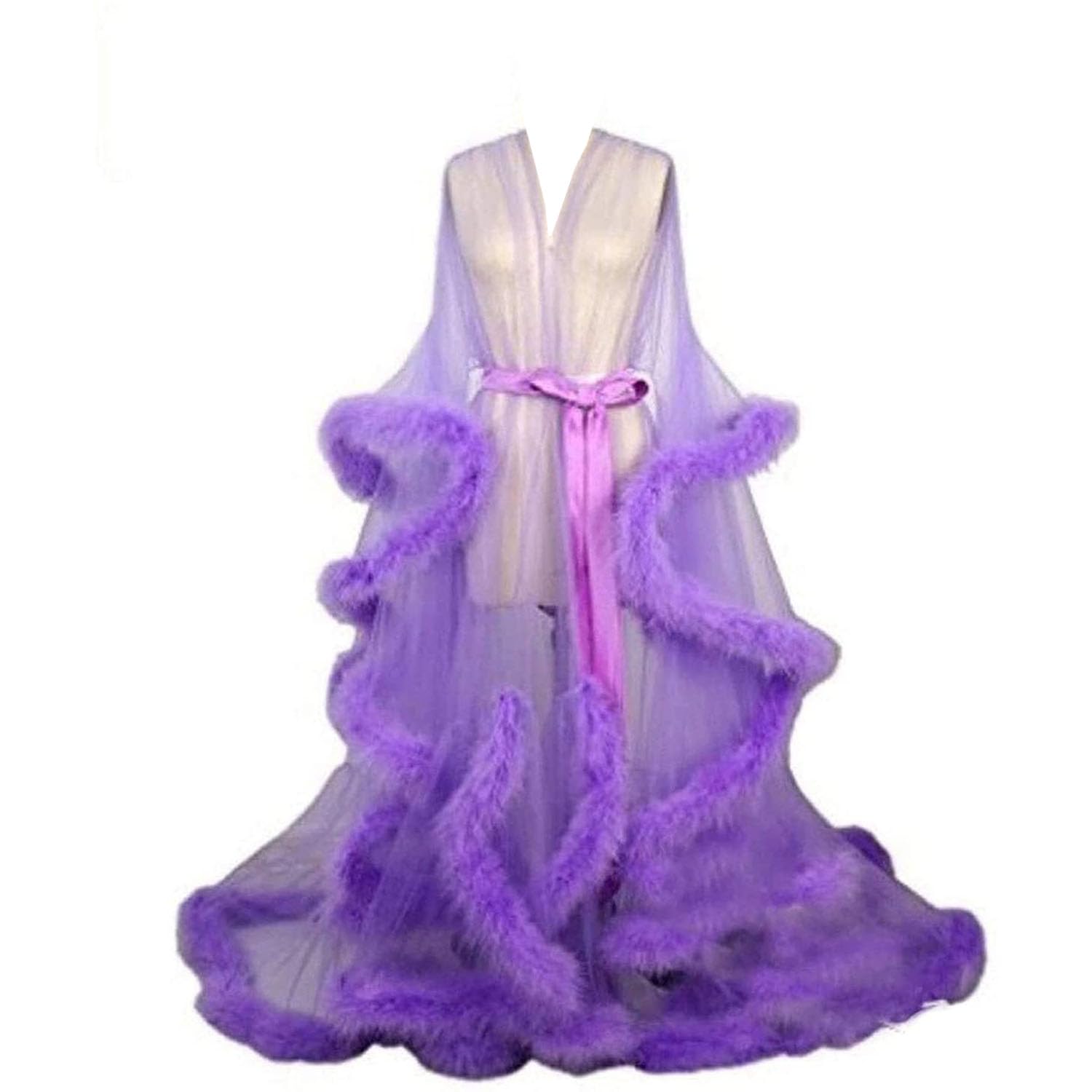 Miaoxiao Women's 8 See-Through Sexy Feather Flared Sleeve Robe Feather Bridal Robe Tulle Illusion Boudoir Feather Bridal Robe,,M