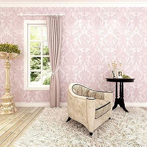 HANMERO 10m Classic Nonwoven Glitter Flocking Textured Damask Wall Paper Roll for Bedroom Living Room Pink Cover
