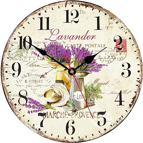 TAHEAT 30 cm Vintage Viola Lavanda Orologio da Parete, Silenzioso Legno Floreale Shabby Chic Orologio da Parete per Cucina/Bagno/Soggiorno/Sala da Pranzo/Camera da Letto