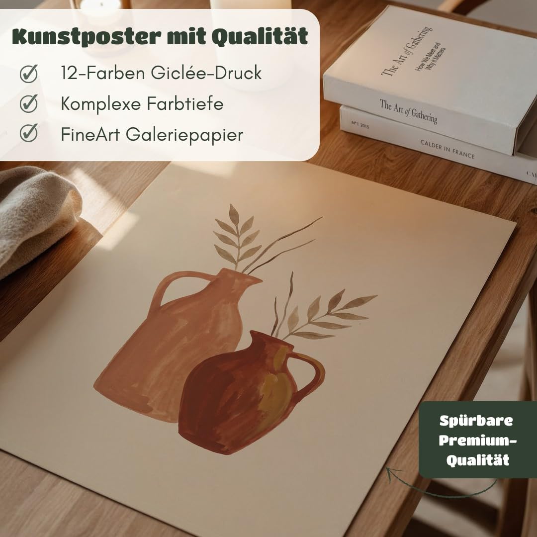 MJ-GRAPHICS® Poster Krüge Kunstdruck Blätter Wandbild minimalistisch Braun Beige Wohnzimmer Deko elegantes Kunstwerk harmonische Atmosphäre ideale Ergänzung A2 mit beigem Rahmen