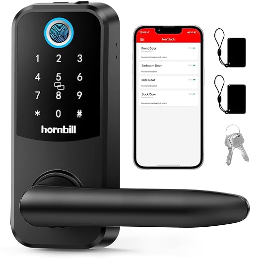 Fingerprint Smart Lock Door Handle, hornbill 6-in-1 Keyless Entry Keypad Digital Door Lock, Smart Locks for Front Door, Smart Lock Deadbolt with Lever, Reversible Handle Passcodes Free App IC Cards