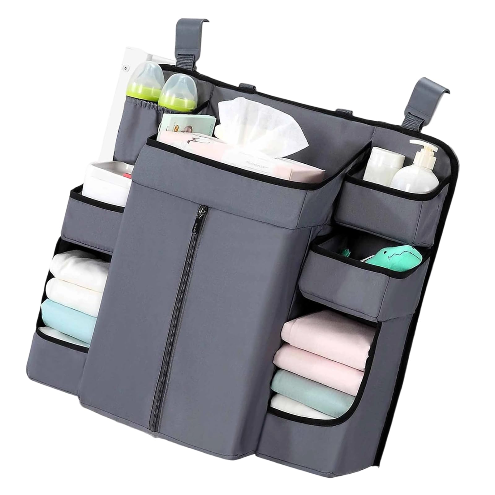 Organizadores colgantes para cuna de bebé, 6 compartimentos, bolsillo grande con cremallera, tela resistente, solución de almacenamiento ajustable para cuna