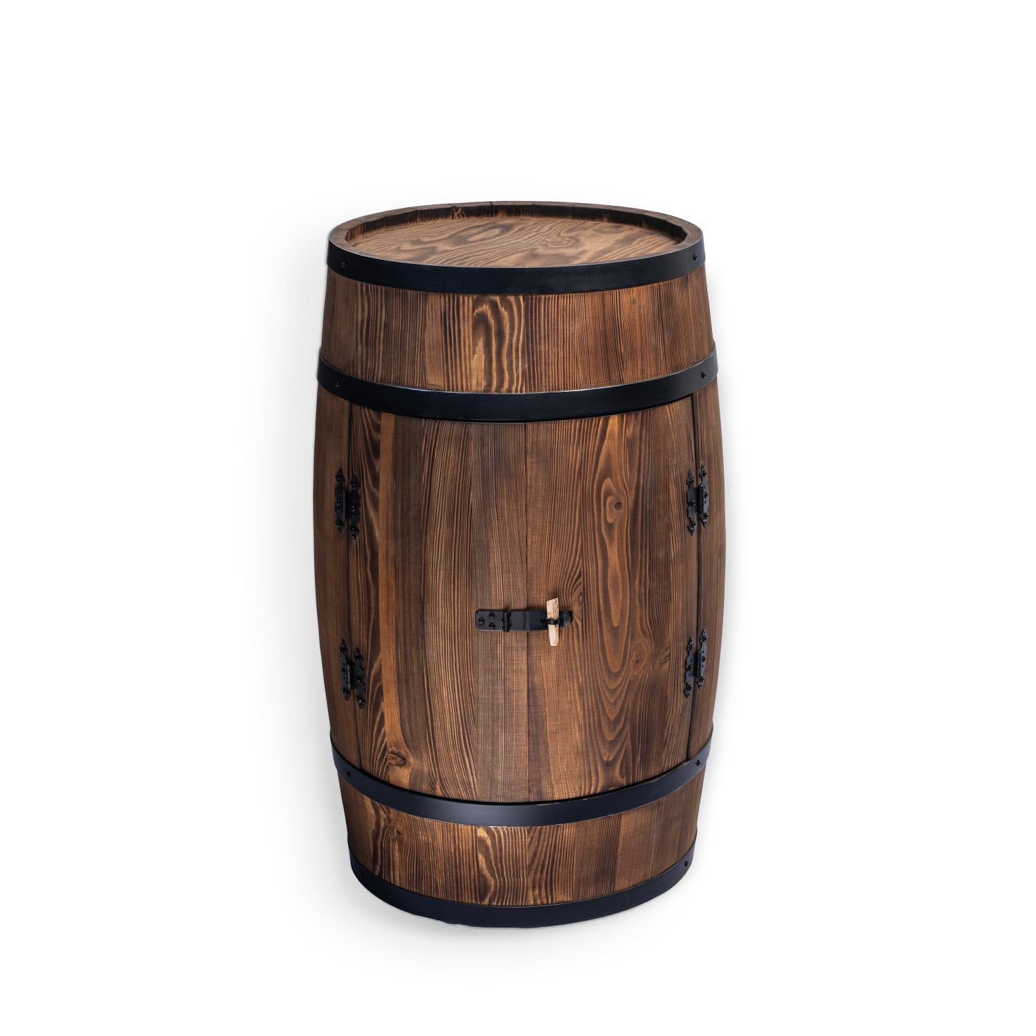 CREATIVE COOPER Fassbar Stehtisch mit Tür und LED RGB - Alkoholschrank Flaschenregal Holz - Holzfass - Fassmöbel - Wineregal - Whiskybar- Weinfass mit Tür - 80 cm (Sonnenverbranntes wenge)