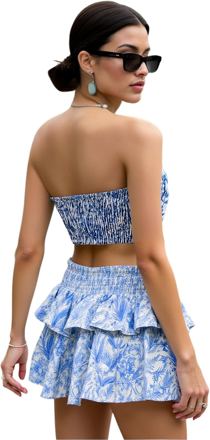 Women's 2 Piece Boho Outfit Floral Print Cut Out Crop Tube Top and Layered Ruffle Mini Skirt Set - Image 2