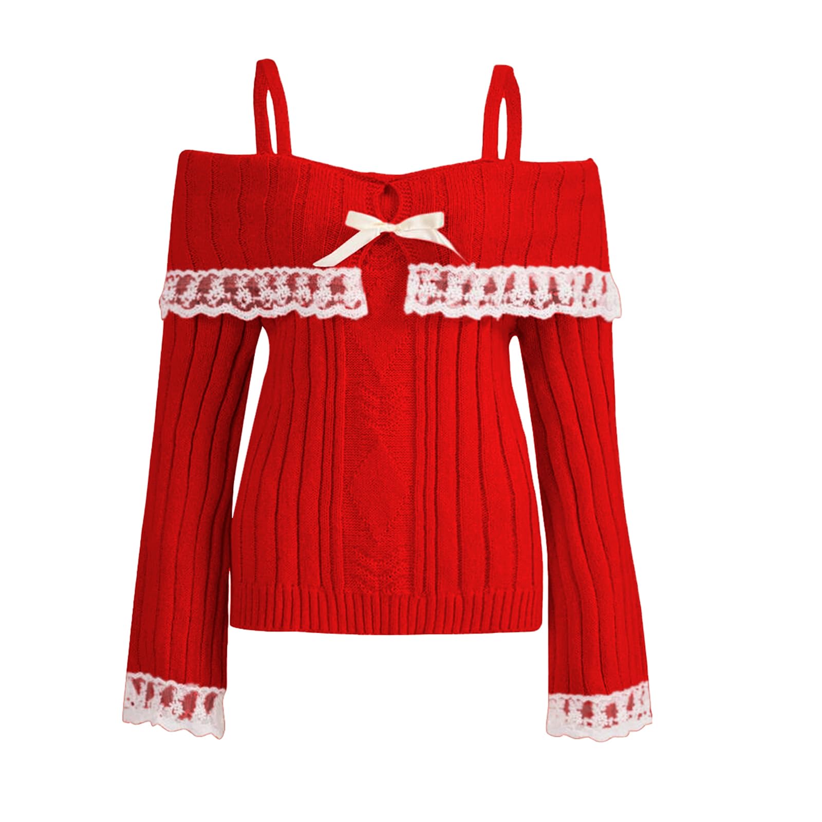 Women Off Shoulder Top Y2K Long Sleeve Lace Trim Knit Shirt Fashion Cute Solid Pullover Sweater: Medium B-christmas Red Shirt