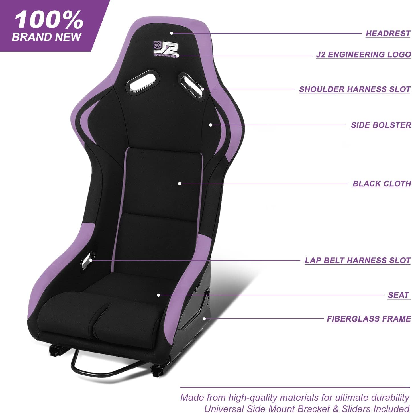 J2 Engineering Pair of Universal Fixed Position Bucket Racing Seat w/Side Mount Brackets & Sliders for 4 or 5 Point Harness, 23" W X 38" H X 20" D, Black/Purple, J2-RS-001-PP