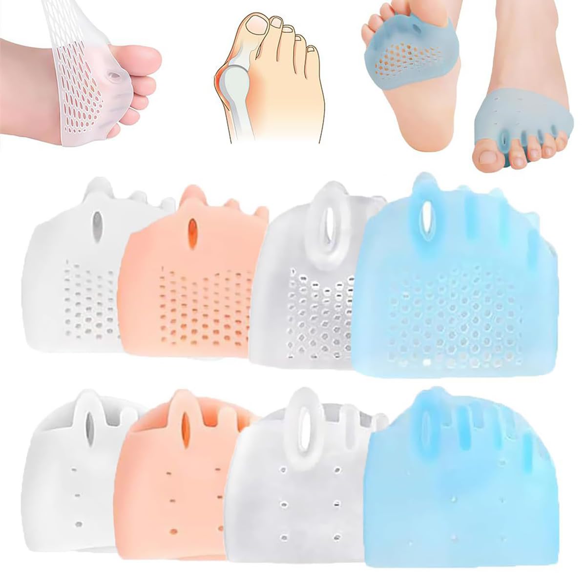 Cuscinetti metatarsali, separatori per dita dei piedi, in silicone, distanziatori per dita dei piedi, cuscinetti per avampiede, traspiranti e morbidi, per praticare yoga a martello sovrapposti (4