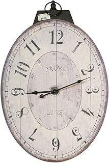 Benjara Distressed Oval Shape Wooden Wall Clock with Ring Hanger, White and Black