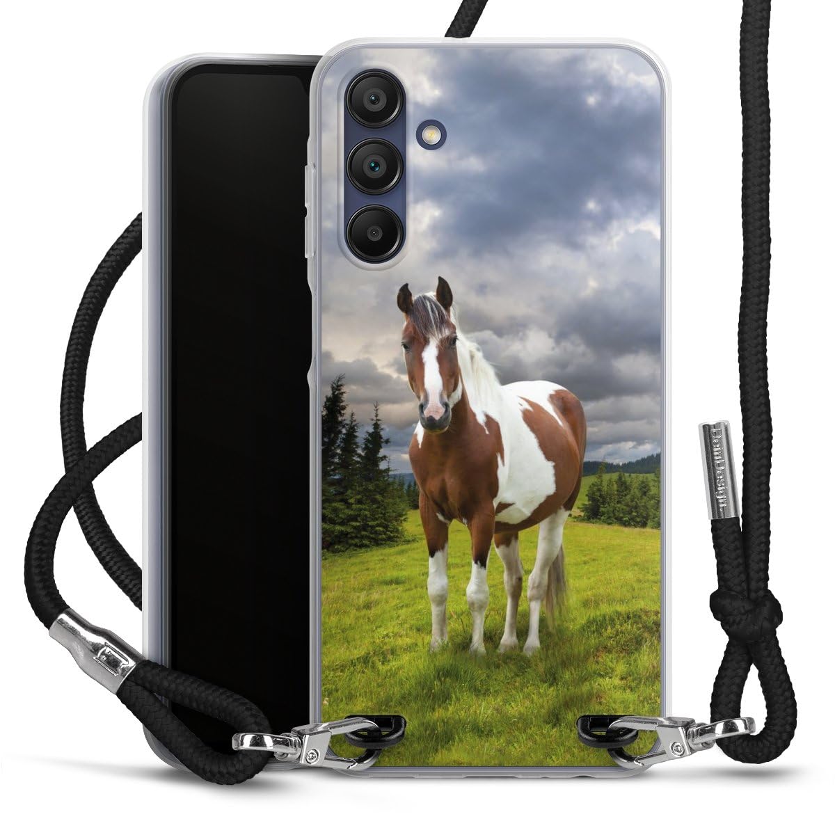 Carry Case kompatibel mit Samsung Galaxy A15 Hülle mit Band Handykette zum Umhängen schwarz Pferd Natur Wiese
