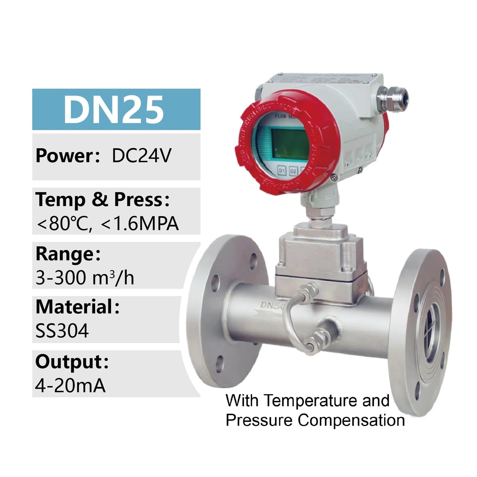 Medidor de Flujo de vórtice Digital Inteligente de Acero Inoxidable, medidor de Flujo de Gas, compensación de Temperatura y presión de Acero Inoxidable(DN25 Stainless Steel)