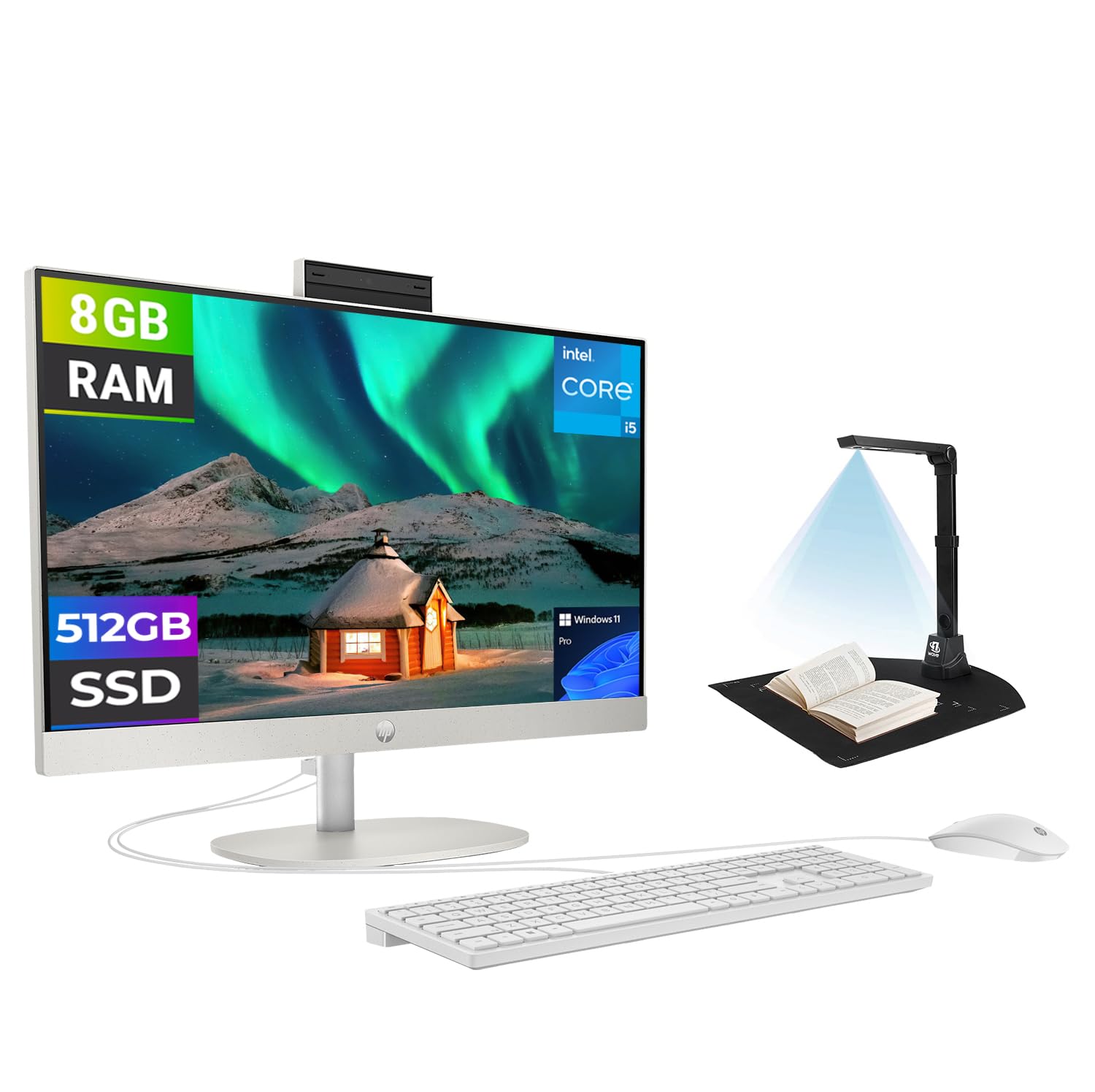 – HP 27″ White All-in-One Desktop PC – 13th Gen Intel Core i5-1335U • 8GB DDR4 RAM • 512GB SSD • Windows 11 Pro • 27″ IPS Display • Pop-Up Webcam + First Wave Doc Scanner – High-Performance USB OCR