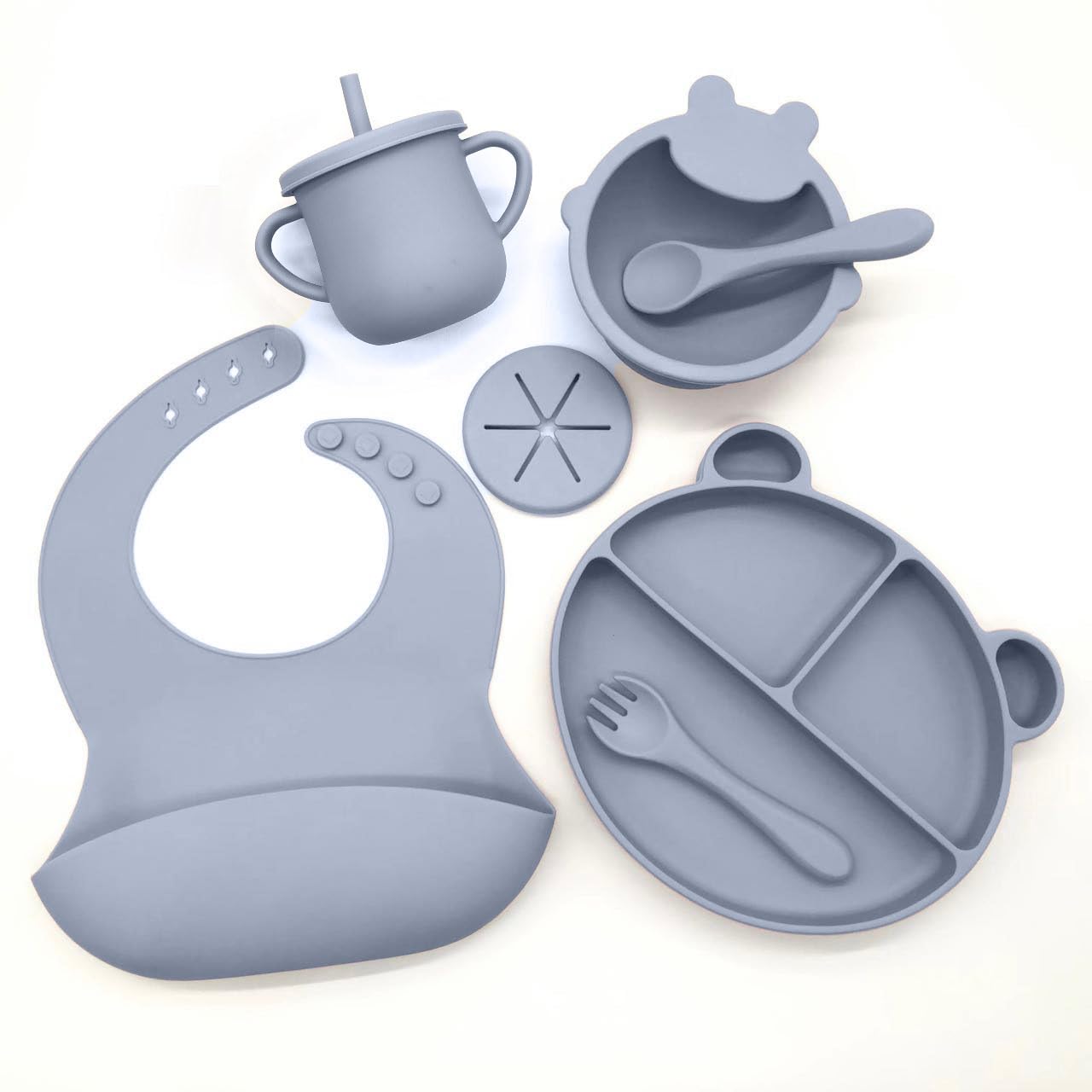 Silicone Baby Feeding Set, Toddler Feeding Set With Divided Suction Plate Bowl Spoons Forks Sippy Cup Adjustable Bib Non Slip Mat, Baby Eating