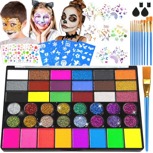 Face Painting Kit – 42 Colors Water Activated Face Paint Set, Easy Apply & Remove, Skin-Safe & Non-Toxic, Professional Kit with Brushes, Stencils & Gems for Halloween, Party, Festival & Cosplay