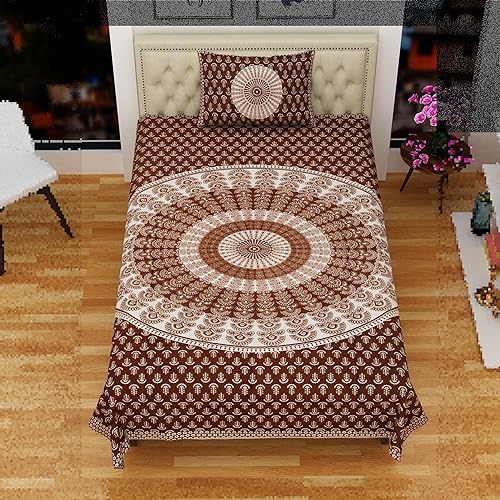 Image of RajasthaniKart Comfort Rajasthani Jaipuri Traditional Sanganeri Print 144 TC 100% Cotton Single Bedsheet with 1 Pillow Cover SB-259 (Brown)