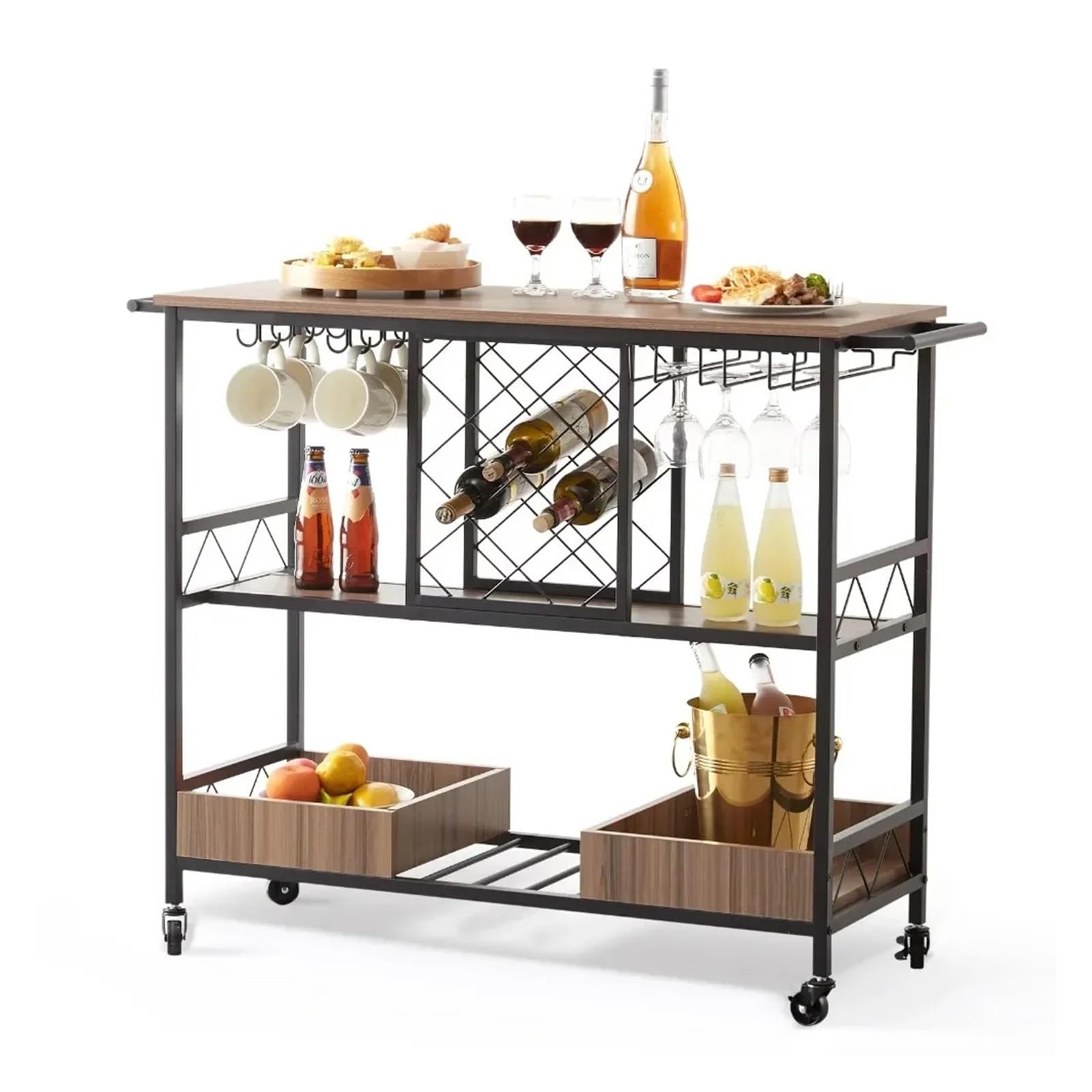 FZL02068LM Serving Trolleys 3-Tier Bar Serving Cart,Rolling Trolley With Wine Grid Glass Holder,Kitchen Furniture Organization