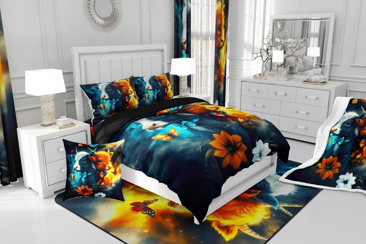Cattle Boho Style Queen Bedding Set for Kids Adults,Tai Ji Cow Comforter Set Reversible Bed Set,Gothic Sky Mystery Galaxy 3 Pieces Quilt Set,Farmhouse Style Duvet Insert with 2 Pillowcases