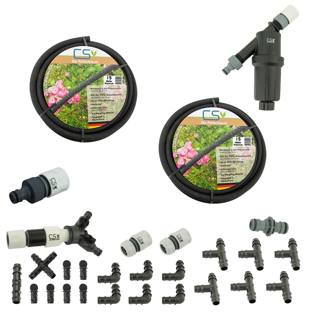 CS Perlschlauch Premium 2x 15m inkl. Starterset – eco Tropfschlauch für Garten, Beet & Hecke – nachhaltiger & wassersparender Bewässerungsschlauch – flexibel verlegbar & umweltfreundlich