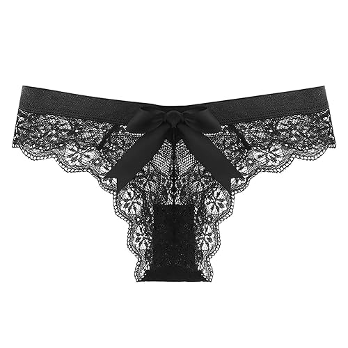 KUAOPATA Women's Lace Bow Thongs T Back Low Waist Breathable Panties Sexy Seamless V-Shape Design Floral Lace tangas - Medium - Black