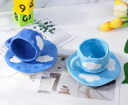 Miniatura 3 de Bonita taza de café con platillo, taza de té de cerámica, tazas de café únicas para mujer (cielo azul y nubes blancas)