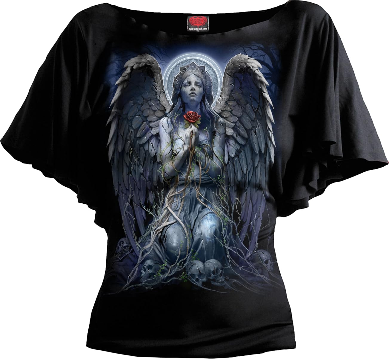 Spiral Women's Black - Grieving Angel - Boat Neck Bat Sleeve Top - 4XL