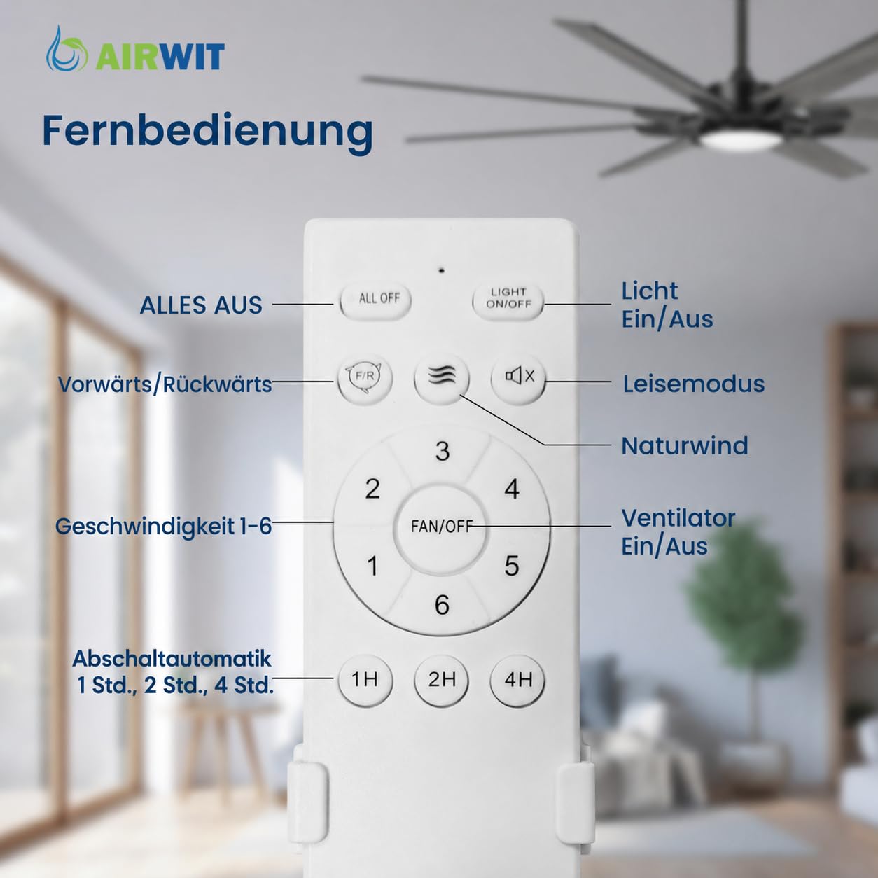 Airwit 183cm Deckenventilator mit Beleuchtung und Fernbedienung, Outdoor, leise, wendbare Flügel, Industrial Design