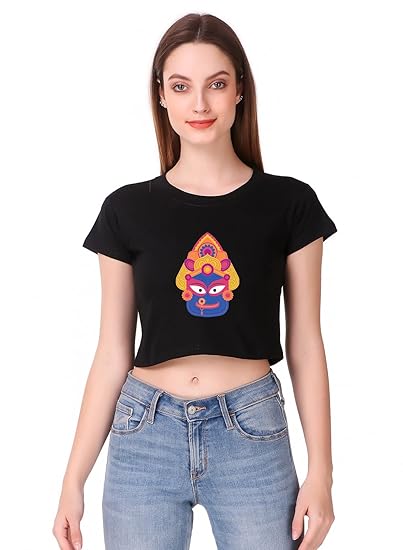 Navratri Special Maa Durga Multicolour Tshirts | Half Sleeves Yoga Gym Fitness Maa Durga Image Printed Crop Tops | Women Devotional Crop Tshirts