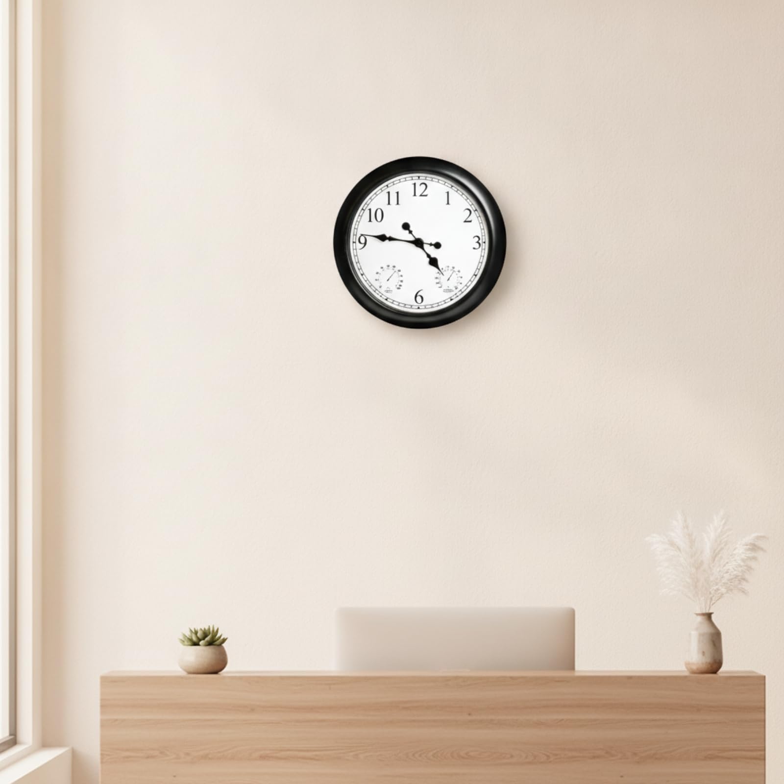 KESOTO Orologio da Parete Esterno Grande con Numeri Lancette Nere Quadrante Bianco Leggibile Termometro E Igrometro Integrati Materiale Plastica E Vetro Adatto a Giardino Balcone Cucina Caffetteria