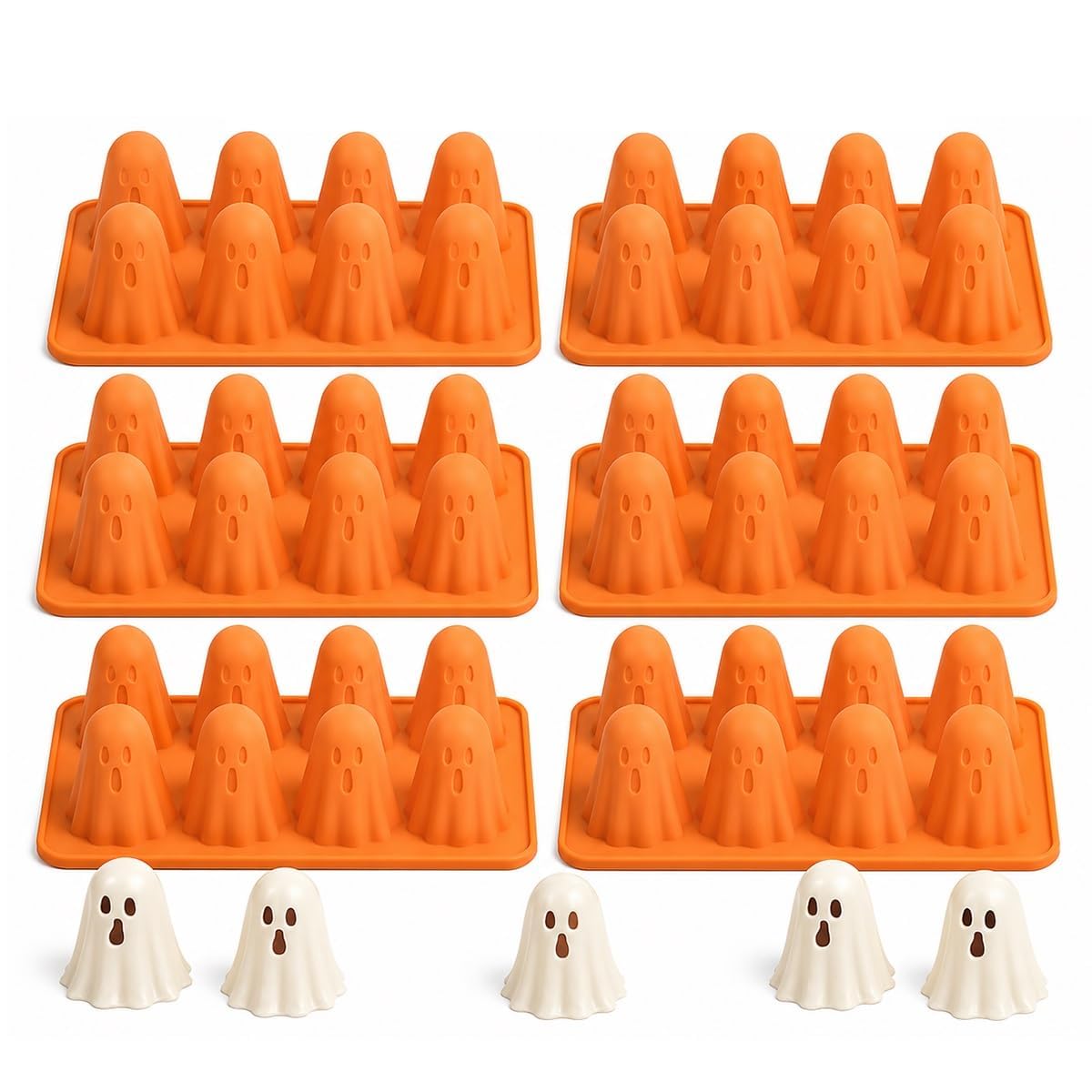 Ghost Jello - Molde de silicona 3D para hornear Halloween, 6 unidades x 8 cavidades | Silicona de grado alimenticio, antiadherente, dulces y chocolate, decoraciones de fiesta, mini bandeja de cubitos de hielo