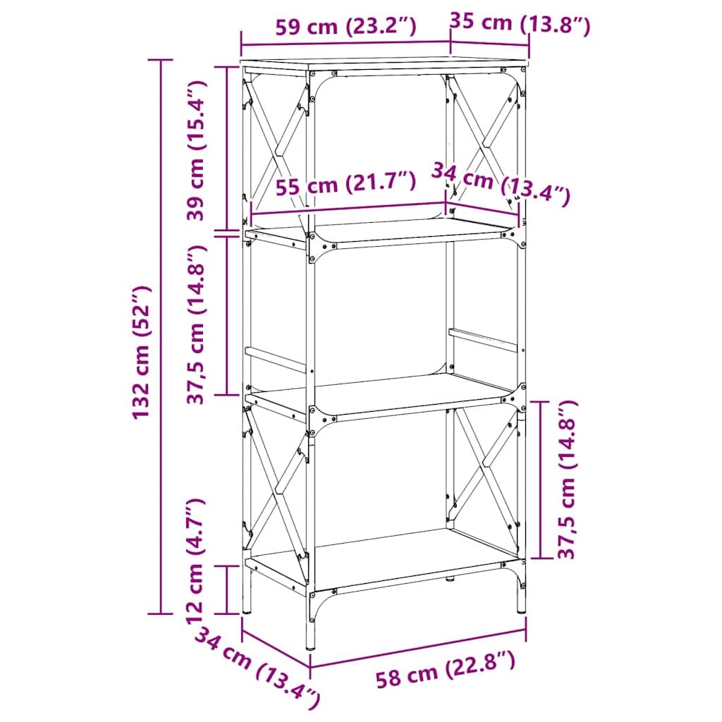 Libreria a 4 Ripiani Nera 59x35x132 cm Scaffale Industriale | Scaffale salvaspazio con struttura in metallo per soggiorno e studio. Design stabile e facile da pulire.